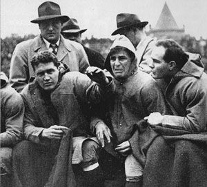 Sammy Baugh cries on sidelines after getting kicked in the head.